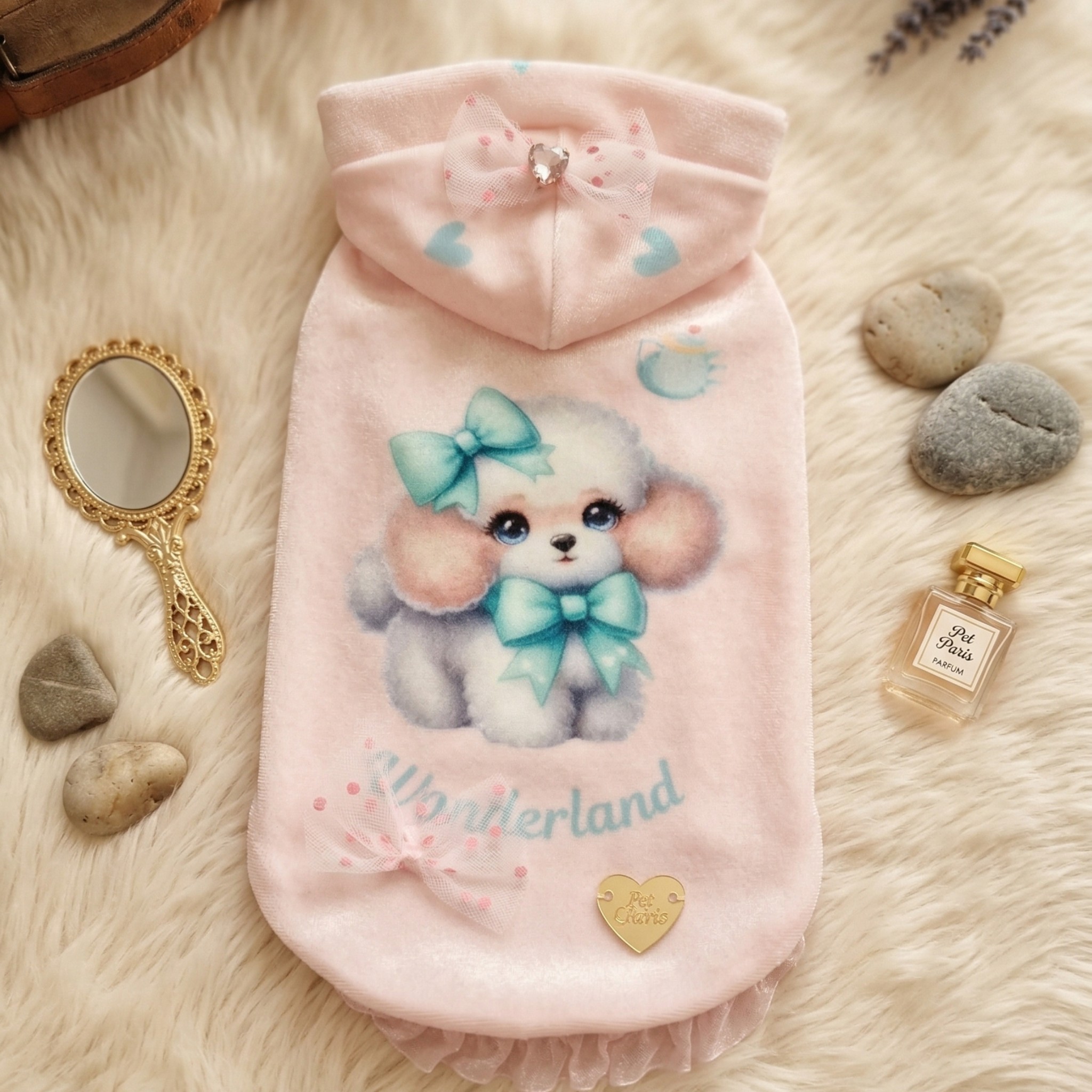 Alice in Wonderland Pale Pink Sweatshirt - Ciniglia Vellutata con Rouche Pizzo e Fiocco Cuoricino